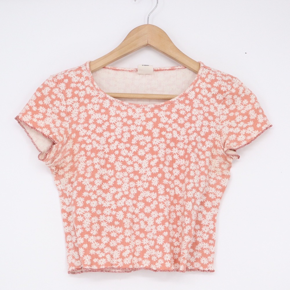 Destined Coral Pink Daisy Floral Ribbed Lettuce Trim Cropped Baby Tee Large